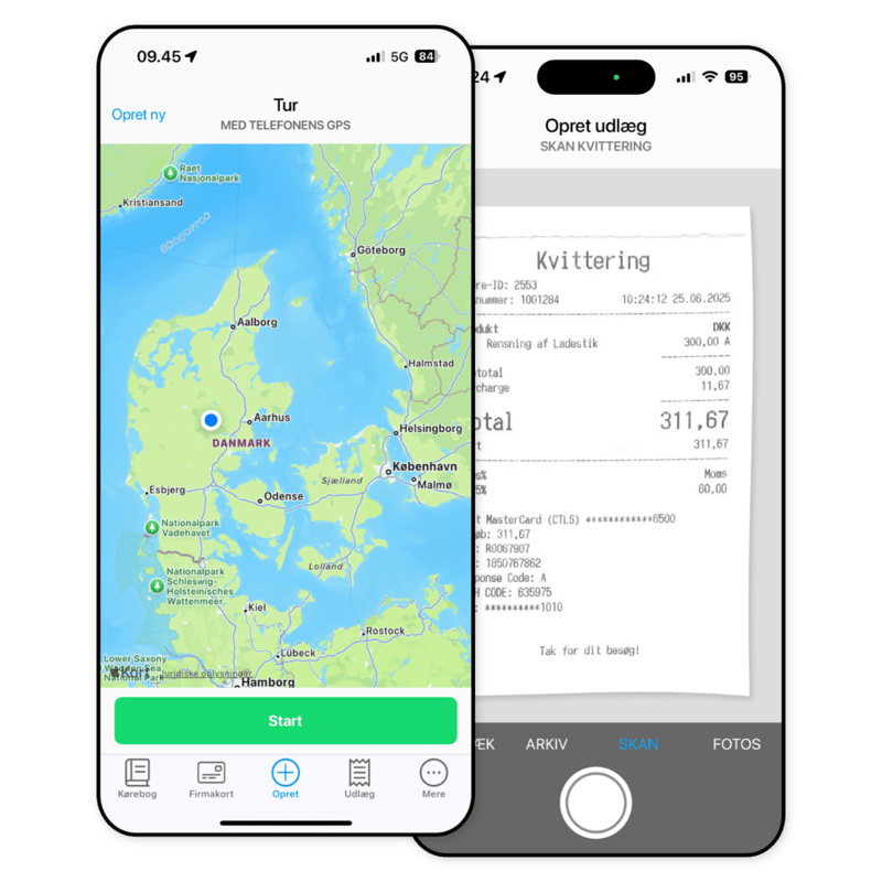 Mobiltelefoner der viser registrering af tur og oprettelse af udlæg med Mileage Book